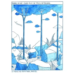 Blue watercolour illustration of a whimsical forest scene with tall trees, rocks with faces, and French text by Emilie Sarnel