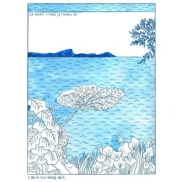 Blue watercolour illustration of a coastal sea landscape with French text and flowers by illustrator Emilie Sarnel