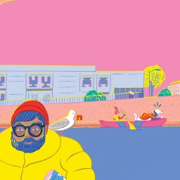 Colorful illustration of a bearded person in a yellow jacket and red hat by Emilie Sarnel
