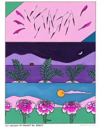 Multitiered illustration featuring botanical motifs, a nocturnal landscape with a horse, and a pink sky filled with falling petals.