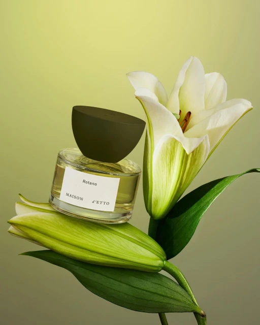 Elegant perfume bottle by Maison d'Etto displayed on lily flower with green and yellow backdrop in a beauty product photography style.