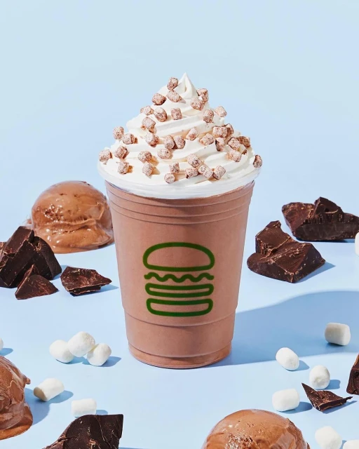 Chocolate milkshake topped with whipped cream and cereal pieces. Scoops of chocolate ice cream and chunks of dark chocolate surround it.