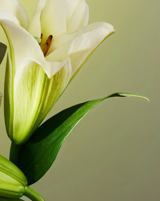 Close-up of a white lily flower with green leaves and stems against a muted green background, showcasing its delicate petals.