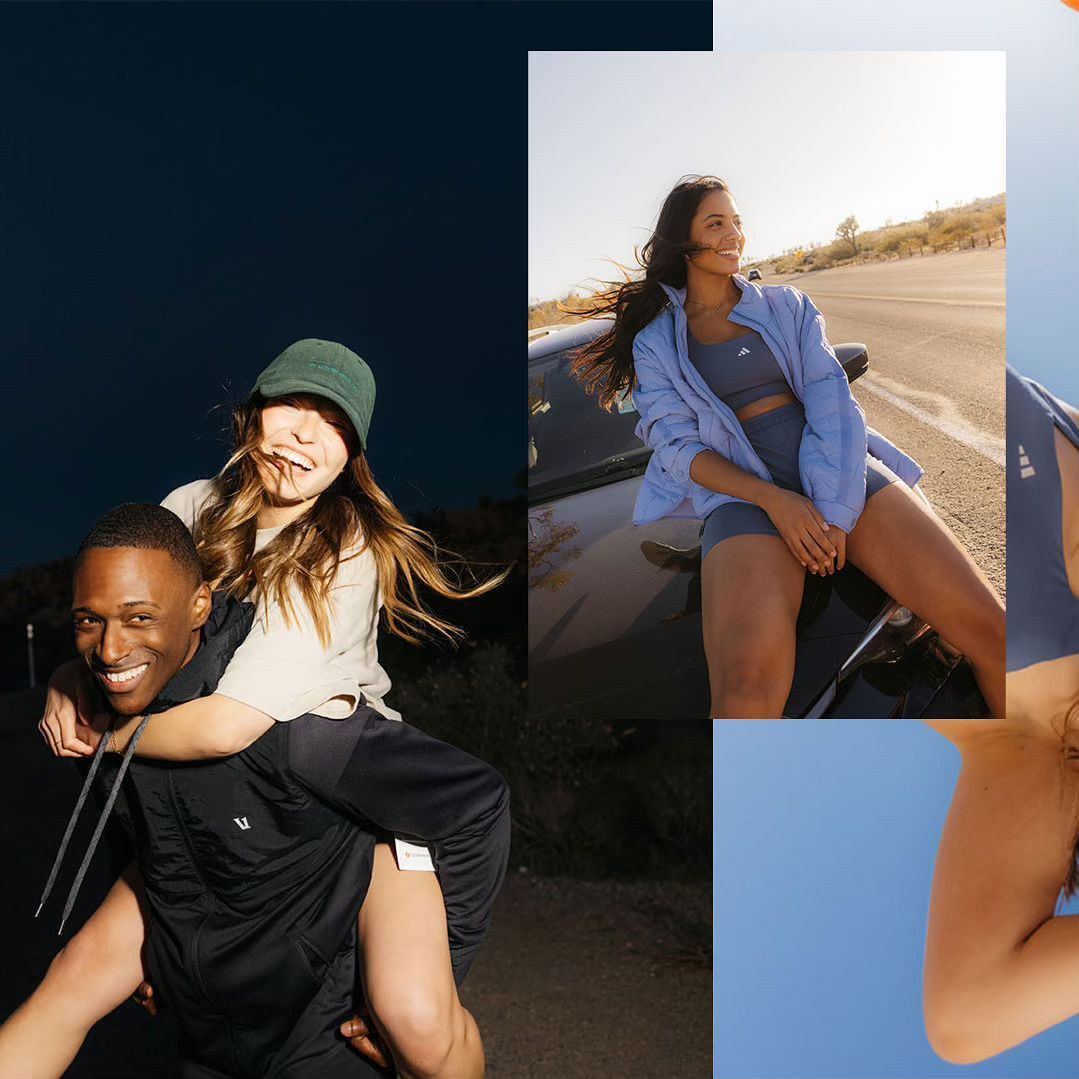 Two people outdoors at night, one giving the other a piggyback ride, while another woman poses in sportswear on a car hood.