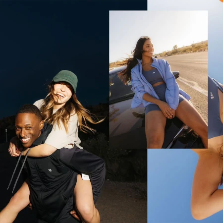 Two people outdoors at night, one giving the other a piggyback ride, while another woman poses in sportswear on a car hood.
