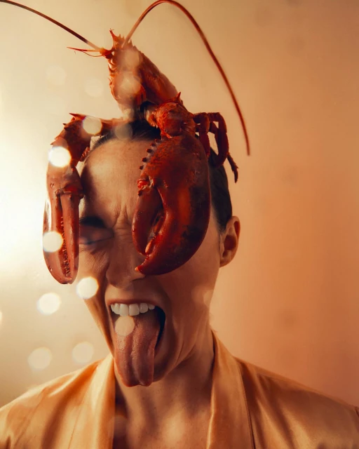 Adult female with eyes closed and tongue out, wearing a red lobster on her head in a studio setting with bokeh lights.