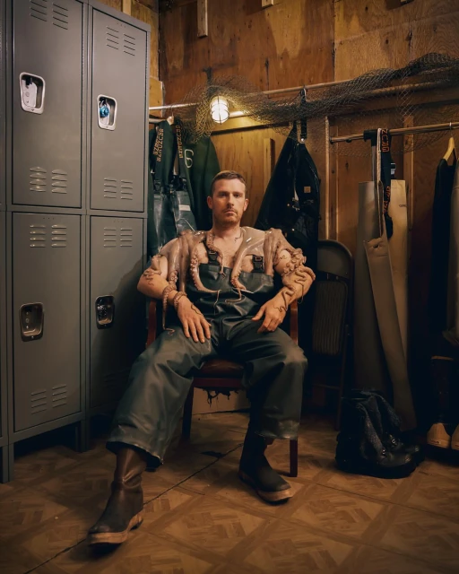 Portrait of an adult male in a locker room wearing fishing gear and adorned with octopi, seated on a wooden chair with dark lighting.