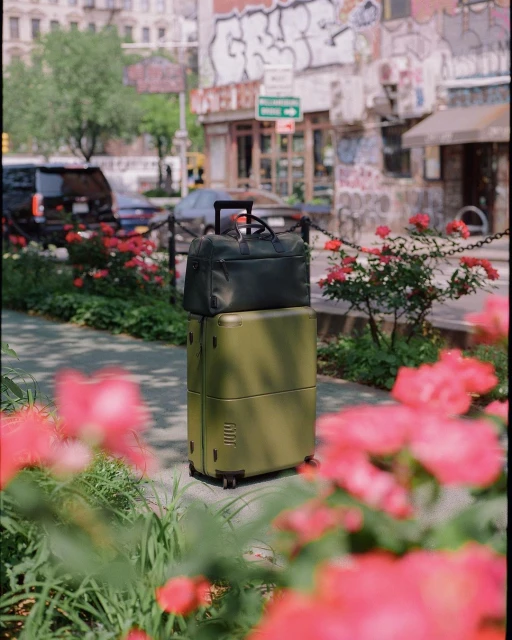 Olive green suitcase with a black duffel bag stacked on top, displayed outdoors with pink flowers and a building in the background.