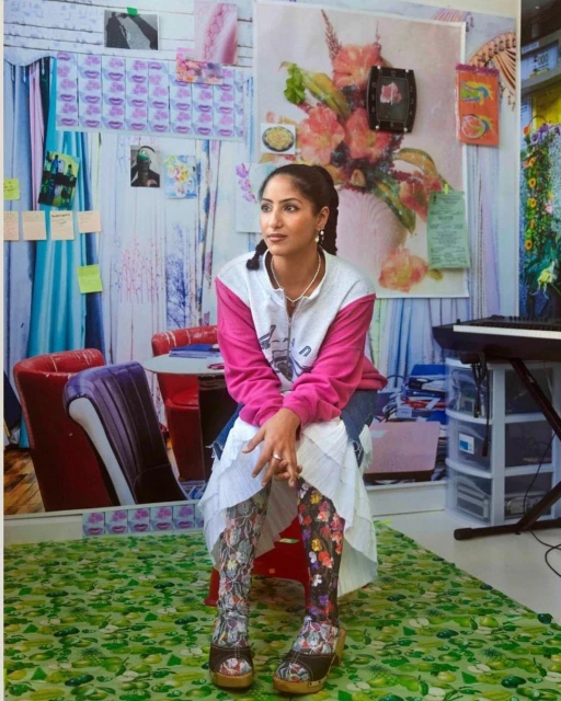 Woman in floral leggings sits in a room with wallpaper covered in art, images, and photos, plus a piano and colorful decor.