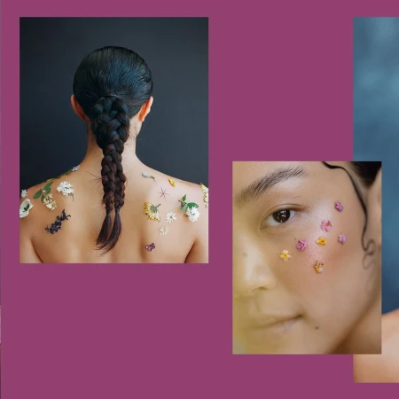 Collage of two beauty portrait images featuring small pressed flowers on a woman's back and face, photographed by Emily Hlavac Green