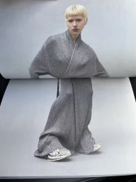 Model with blonde hair wearing a long grey knit cardigan and sneakers on a neutral background by Pierre Toussaint