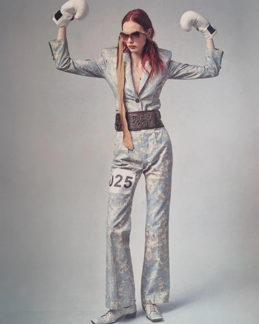 Woman in a patterned suit poses with boxing gloves in a studio setting. She is wearing sunglasses and has a number on her pants.