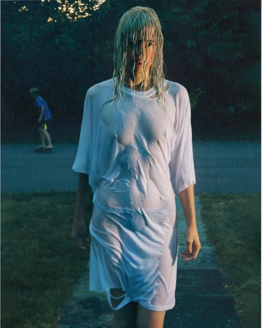 Woman with wet hair walking on stone path wearing wet white t-shirt dress in an outdoor environment with a child skateboarding in background.