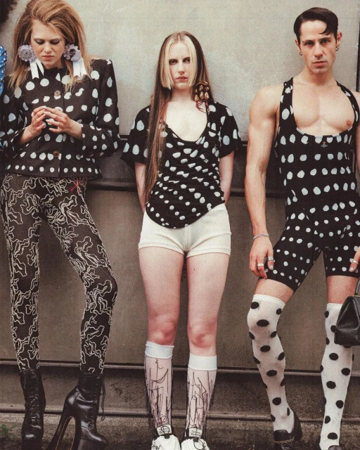 Three fashion models wearing polka dot outfits pose against a neutral background, showcasing bold patterns and avant-garde styling.