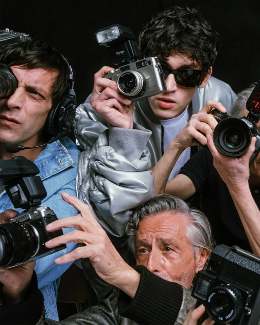 Multiple photographers taking pictures with vintage and modern cameras in a crowded setting, showcasing diverse ages and equipment.