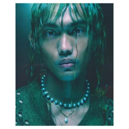Portrait of a man with wet green-tinted hair wearing a pearl necklace and green knit top by Emily Lipson.