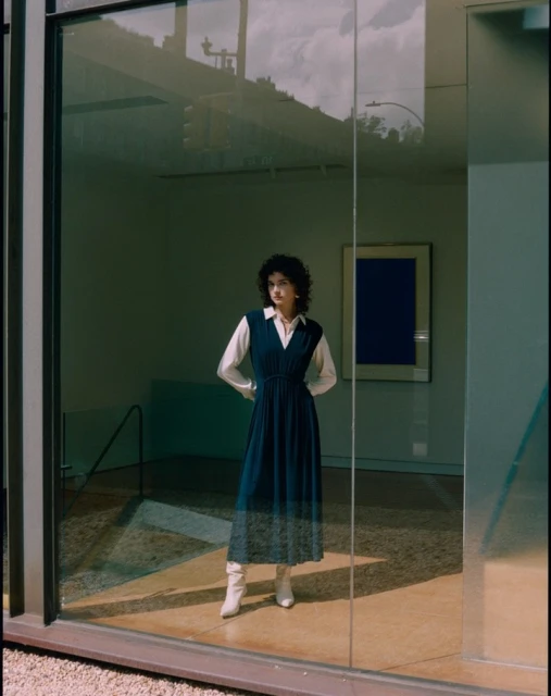 Adult woman in a sleeveless navy dress and white boots stands inside a building with large windows and tan gravel outside.