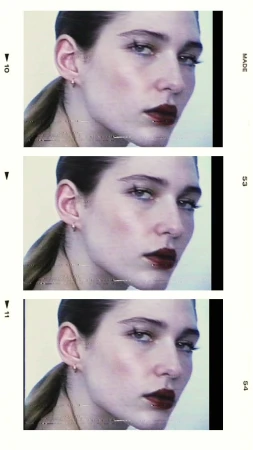 A triptych of three frames showing close-up profile portraits of a woman with dark lipstick and winged eyeliner by Emily Soto.