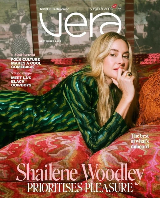 Magazine cover featuring Shailene Woodley in a sequined green dress, reclining on a patterned couch with a backdrop of a vintage photo.