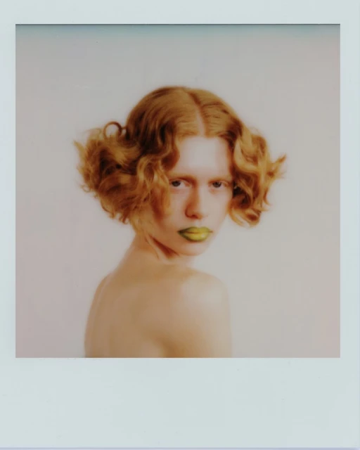 Portrait of a young adult female with red, wavy hair and yellow lipstick, posing in a studio setting with soft, diffused lighting.