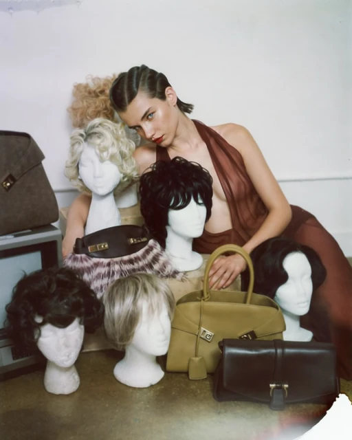 A woman in a sheer brown top poses with handbags and wig-covered mannequin heads in a studio setting with neutral colors and soft lighting.