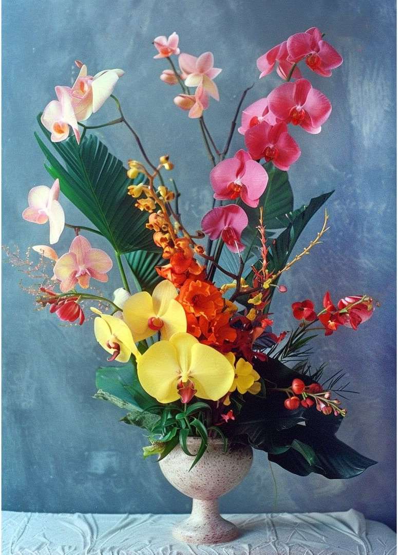 Floral arrangement of pink, orange, and yellow orchids and greenery in a light pink vase against a light blue textured background.