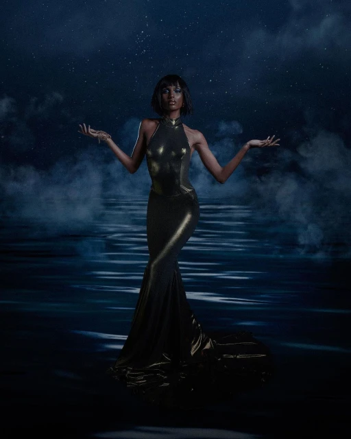 Elegant Black woman in a golden gown, arms extended, posing against a night sky backdrop with a body of water and fog.