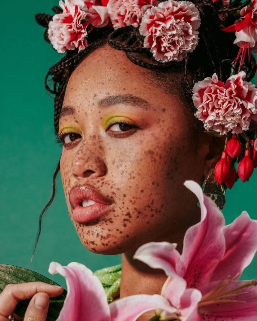 Close-up portrait of a freckled woman with floral headpiece and yellow eyeshadow, holding pink lily, against a teal backdrop.
