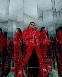 Model in shiny red jacket and matching pants standing amidst a complex array of mirrored walls reflecting the figure.