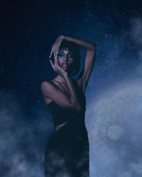 Black woman in a black dress with blue eye makeup posing against a starry night sky and moon background by Emilynn Rose