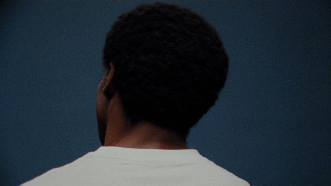 Back view of an adult with an afro hairstyle wearing a white t-shirt against a blue background in a close-up studio shot.