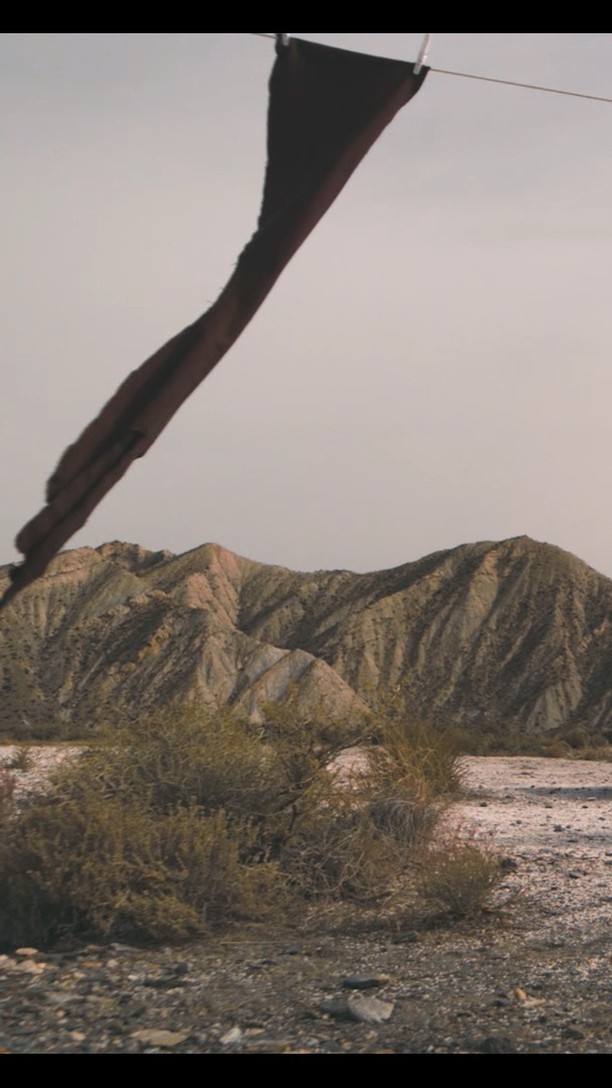 Cloth hanging on a line in a desolate, arid landscape, showcasing textures of cloth and earth with a muted color palette.