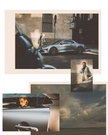 Silver Alpine sports car parked in European city with pedestrians, captured in a framed collage with muted tones and urban scene.