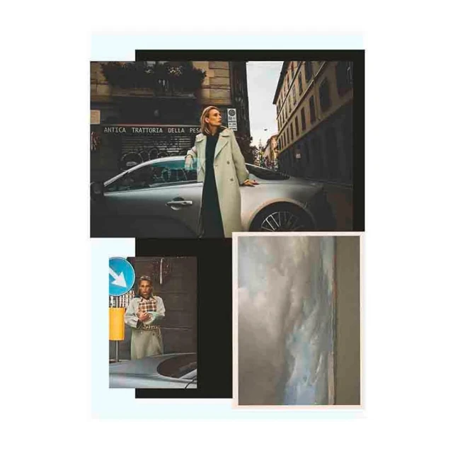 Collage featuring woman in coat by car in urban setting, man in jacket with car, and abstract art, for fashion and lifestyle.