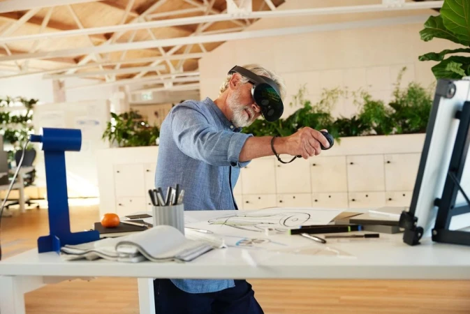 Adult male with gray hair using a VR headset and hand-held controller while standing at a desk in an office setting.