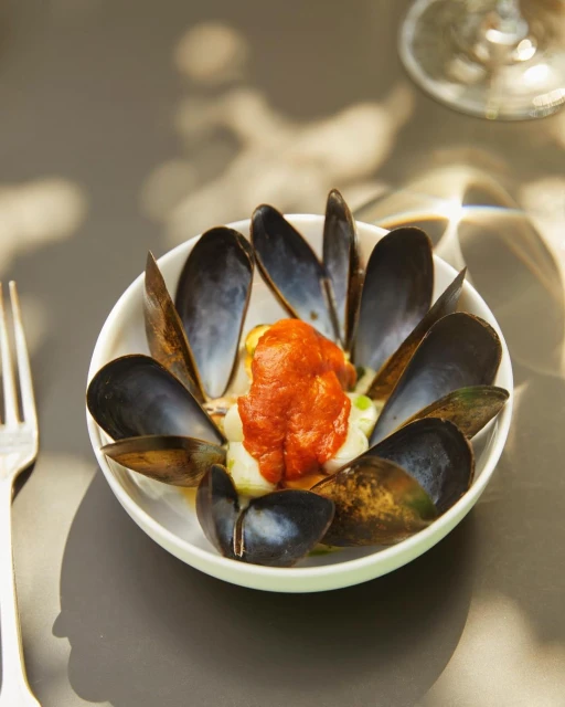 Overhead shot of a white bowl with mussels in their shells and tomato sauce on a grey surface, next to a metal fork.