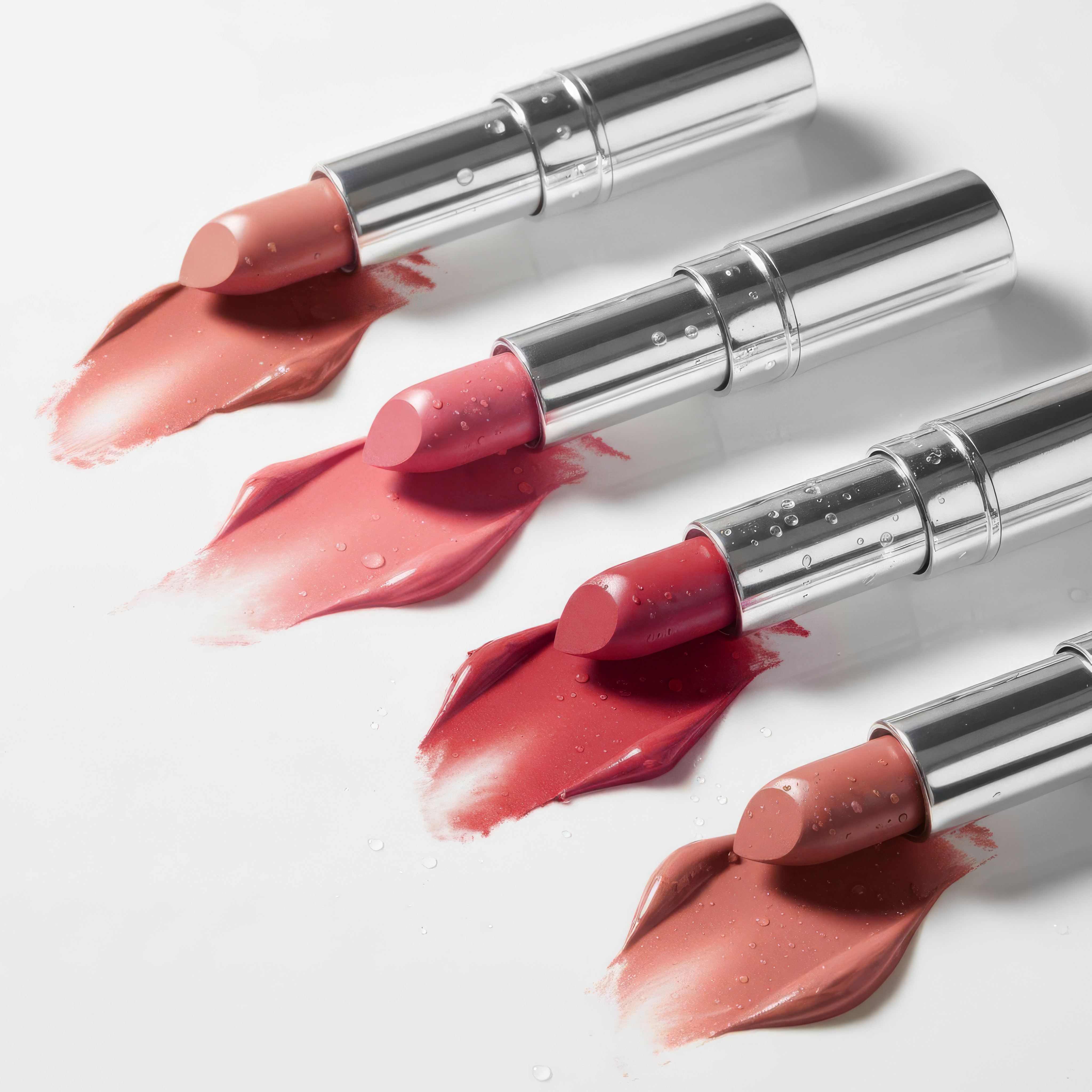 Cosmetic still life shot features four lipstick tubes in varying shades of pink and peach, positioned against a clean white backdrop.