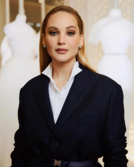 Close-up portrait of adult woman in a black blazer and white blouse posing indoors. Natural light highlights her face and blonde hair.