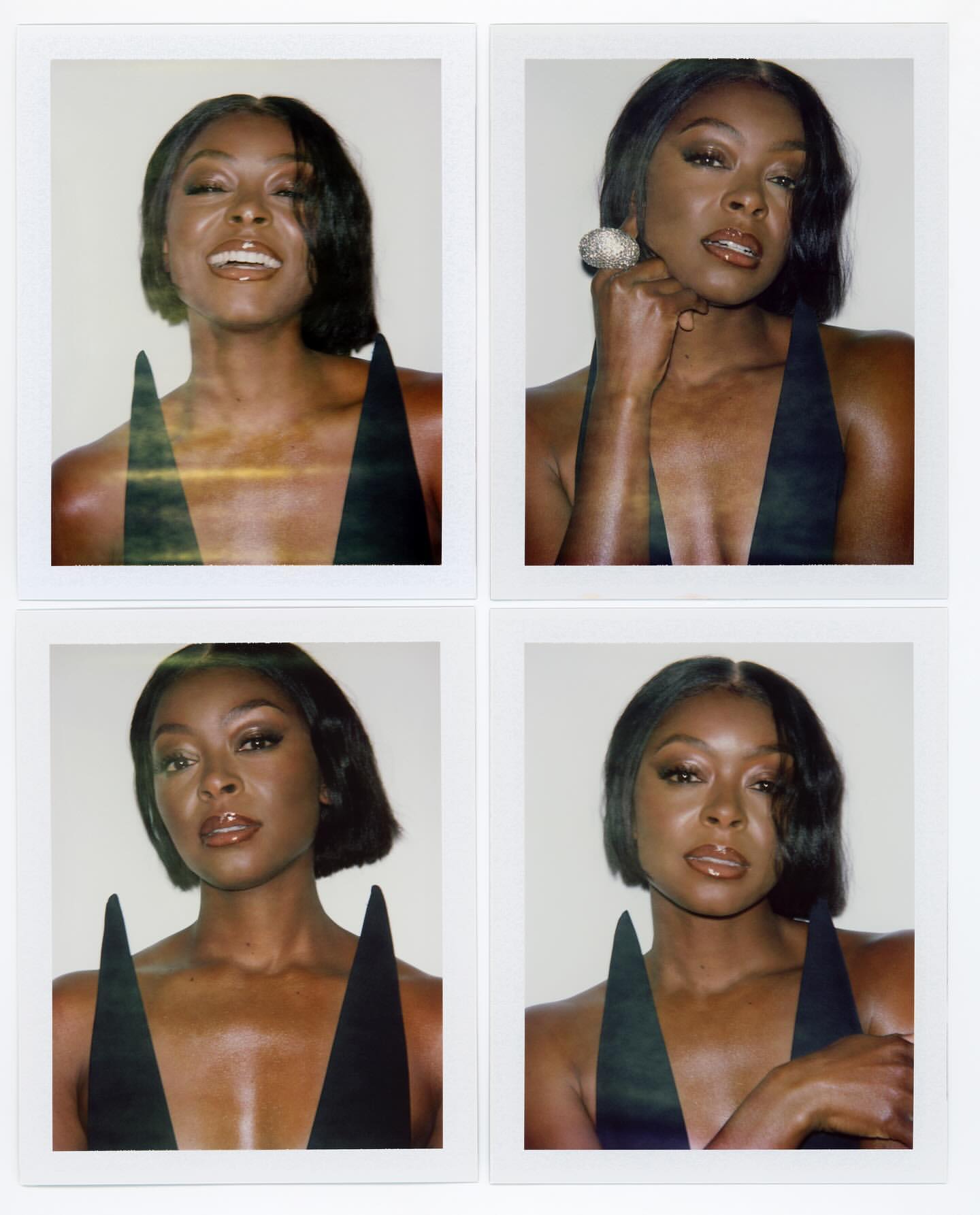 Four polaroid portraits of a woman with dark hair wearing a black top, against a pale neutral background, showcasing her diverse expressions.