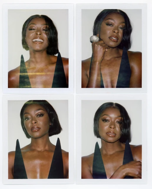 Four polaroid portraits of a woman with dark hair wearing a black top, against a pale neutral background, showcasing her diverse expressions.