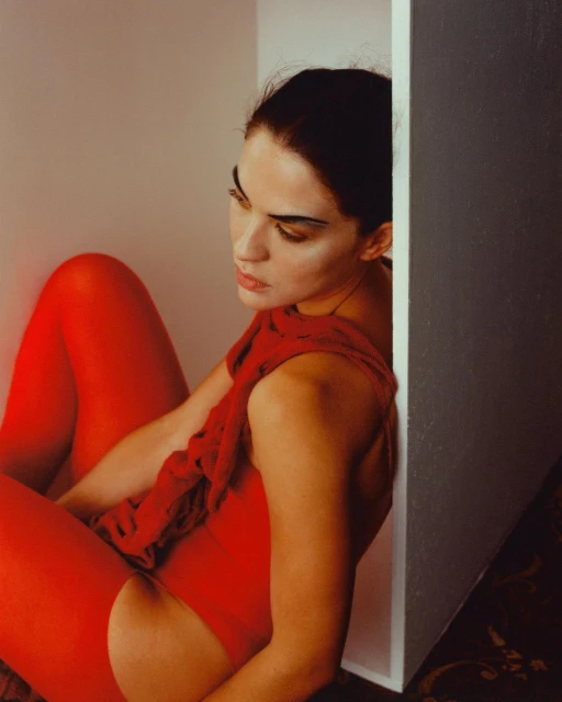 Adult female model in red bodysuit poses in a light-walled corner with a neutral expression, captured in an indoor setting.