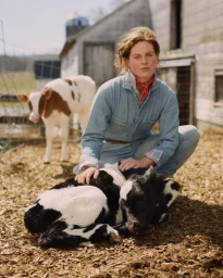 Woman in denim jumpsuit kneeling on wood chips petting a black and white calf with a second calf standing in background.
