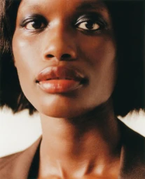 Close-up portrait of a woman with dark hair wearing a brown blazer against a neutral background.