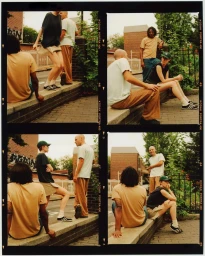 A contact sheet of four analogous film photographs showing a group of young adults hanging out outdoors near brick architecture in New York.