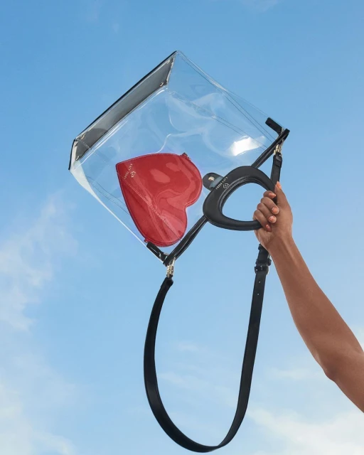 Clear tote bag with black trim and handles, containing a red heart-shaped purse, held up against a bright blue sky by a person's hand.