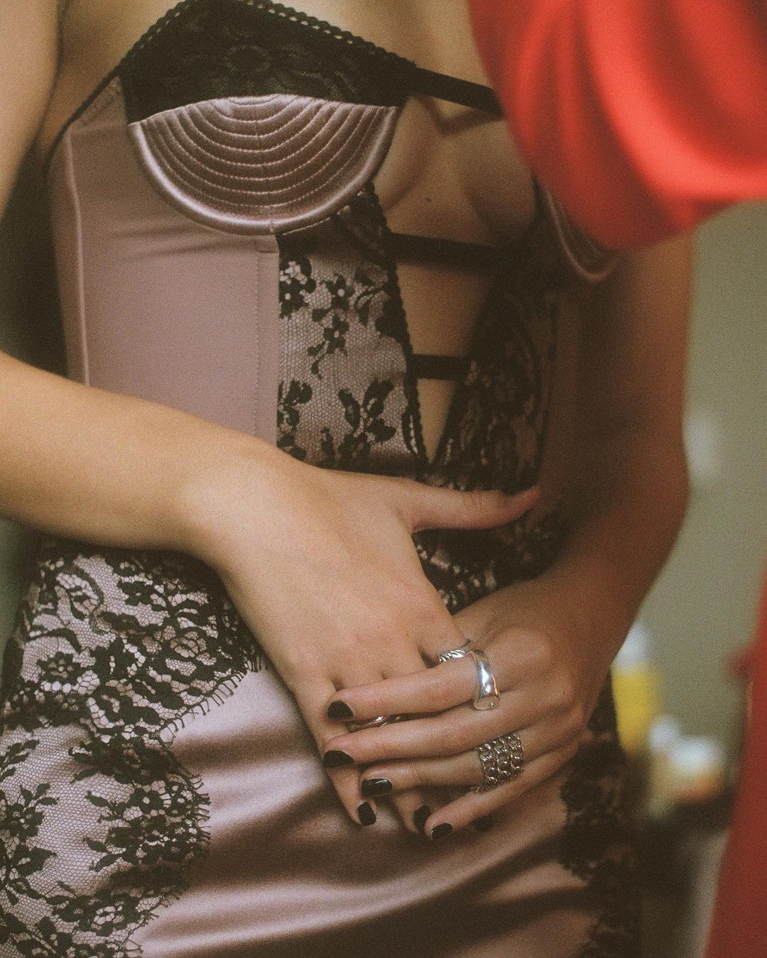 Close-up of a woman in a mauve and black lace dress with a corset bodice and rings on her fingers indoors, portrait orientation.