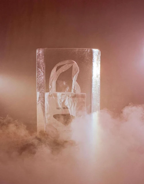 Tote bag is encased in clear ice block against a peach-toned backdrop with wisps of vaporous fog at bottom, studio product shot.