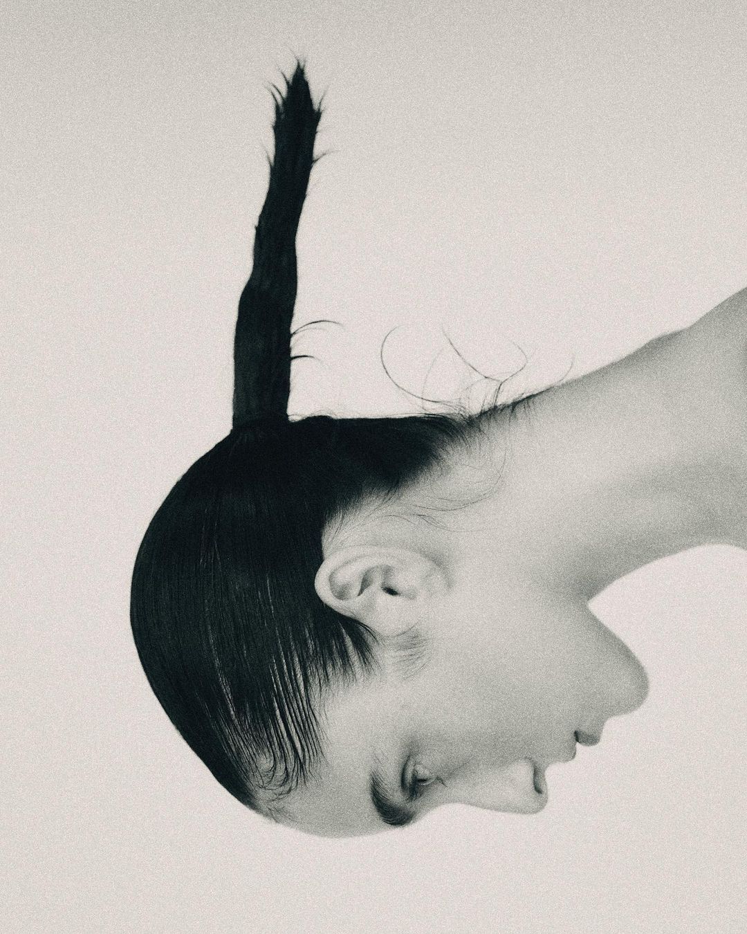 Profile portrait of a person with dark slicked-back hair styled into a pointed vertical ponytail against a light background.