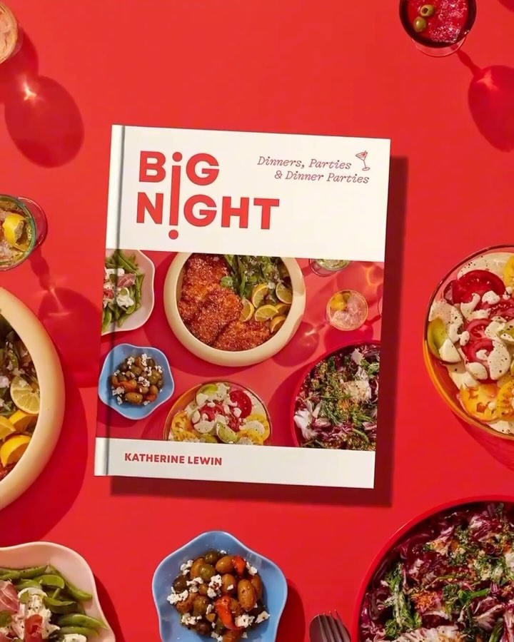 Cookbook titled 'Big Night: Dinners, Parties & Dinner Parties' by Katherine Lewin surrounded by various dishes on a red background.