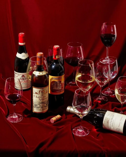 Several wine bottles and glasses filled with red and white wine are arranged on a red velvet surface, creating a rich, inviting scene.